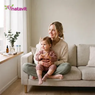 Konsultacja homeopatyczna dla dzieci – mama z maluchem na kanapie, obok granulki homeopatyczne i świeże zioła