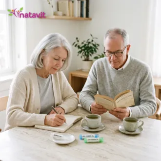 Kontrolna konsultacja homeopatyczna – para seniorów przy stole, notatki i herbata