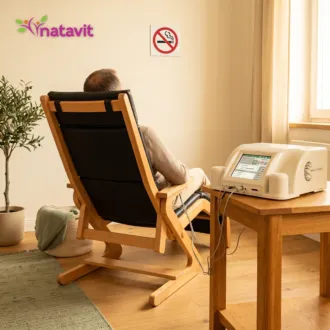 Terapia antynikotynowa biorezonansem – sesja w fotelu przy konsoli Rayonex Rayocomp PS 1000 i znaku zakazu palenia w gabinecie Natavit