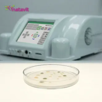 Test na bakterie biorezonansem – kultura bakterii w szalce Petriego przy konsoli Rayonex Rayocomp PS 1000