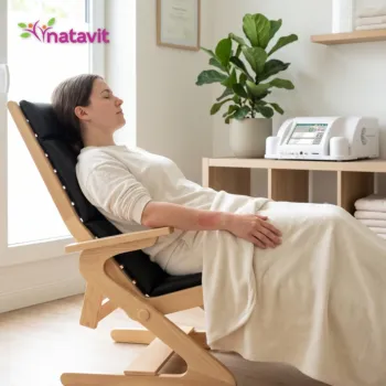 Terapia odczulająca biorezonansem – sesja w fotelu terapeutycznym przy konsoli Rayonex Rayocomp PS 1000 w gabinecie Natavit