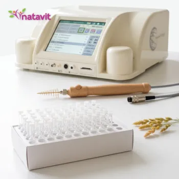 Testy alergiczne biorezonansem – ampułki z alergenami i tensor Rayonex przy konsoli Rayocomp PS 1000 w gabinecie Natavit