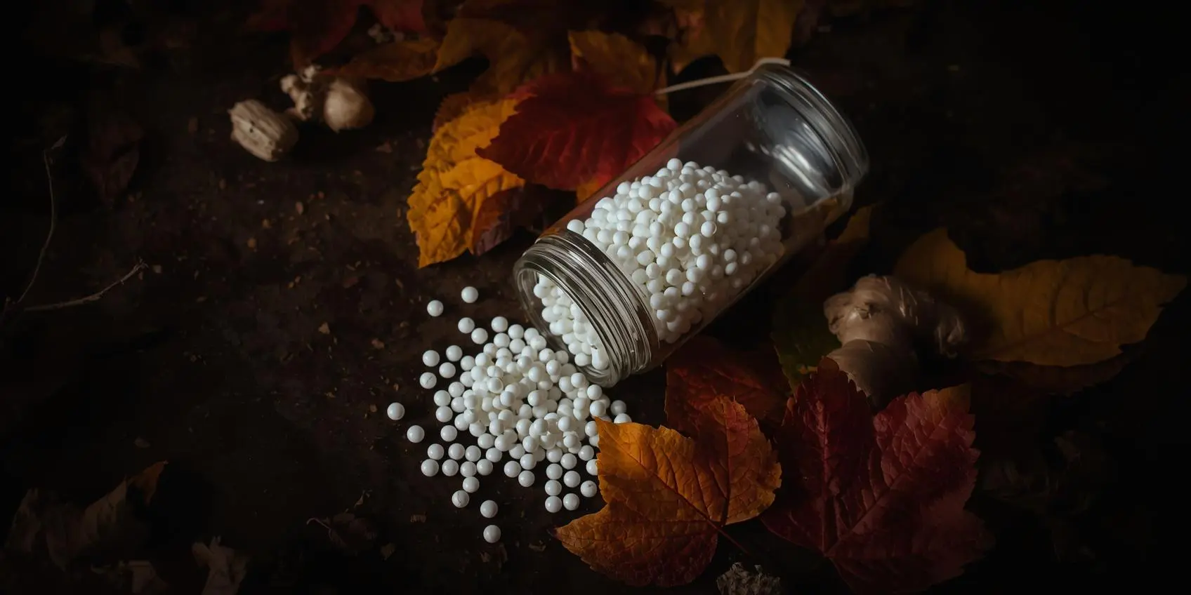 Homeopatia jesienią - Homeopatyczne granulki w szklanej buteleczce obok liści jesiennych i imbiru. Styl naturalny, miękkie światło.