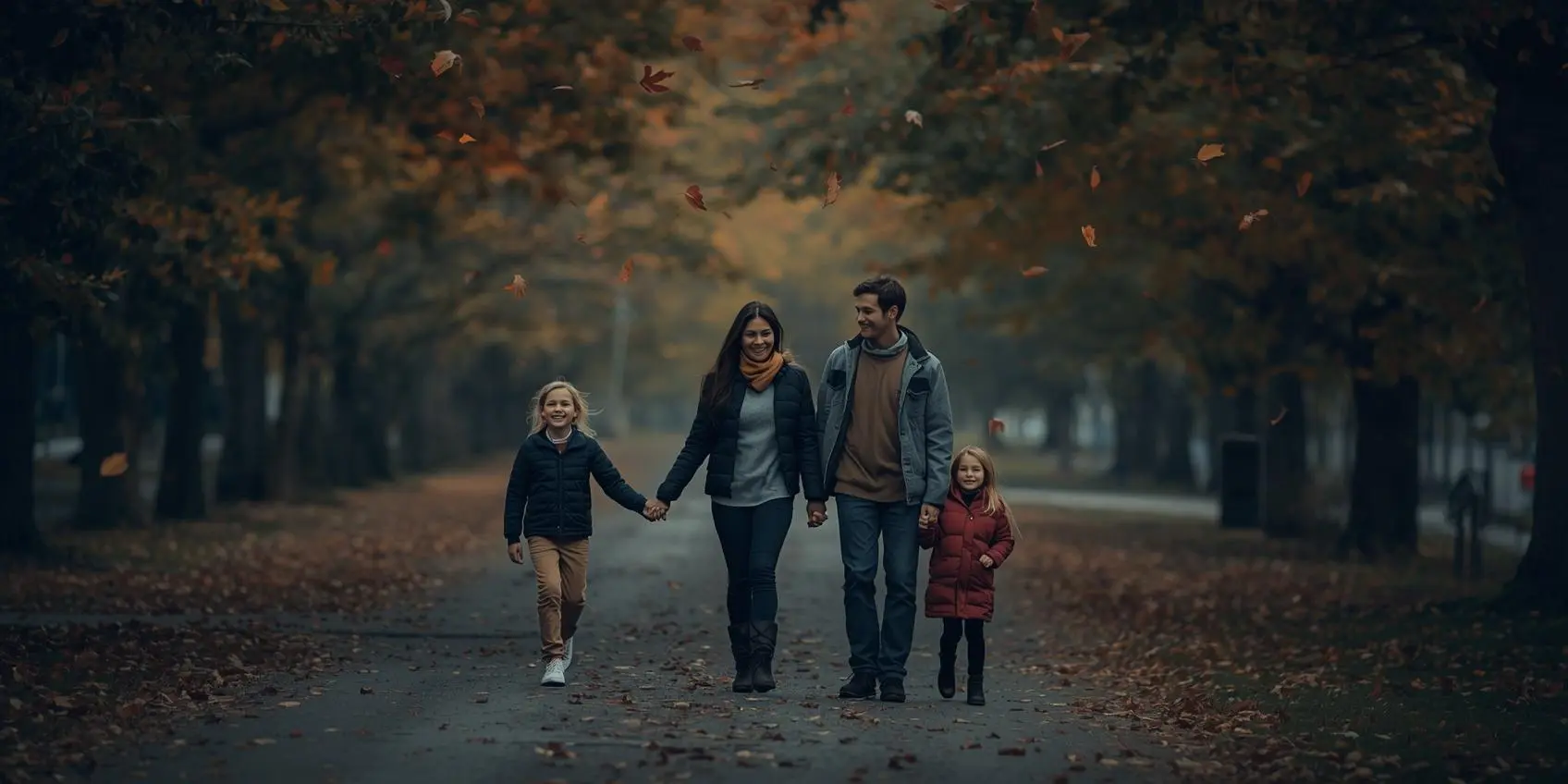 Jesienny spacer dla zdrowia - Rodzina na jesiennym spacerze w parku z kolorowymi liśćmi, symbolizująca aktywny styl życia i odporność.