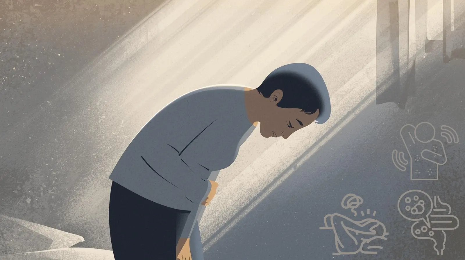 Objawy pasożytów: ilustracja brzucha z bólem i zmęczenia