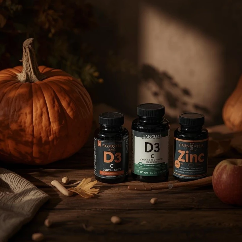 Suplementy na jesienną odporność - Kompozycja buteleczek D3, C i cynku na drewnianym stole z dynią i jabłkami. Styl lifestyle, ciepłe oświetlenie.