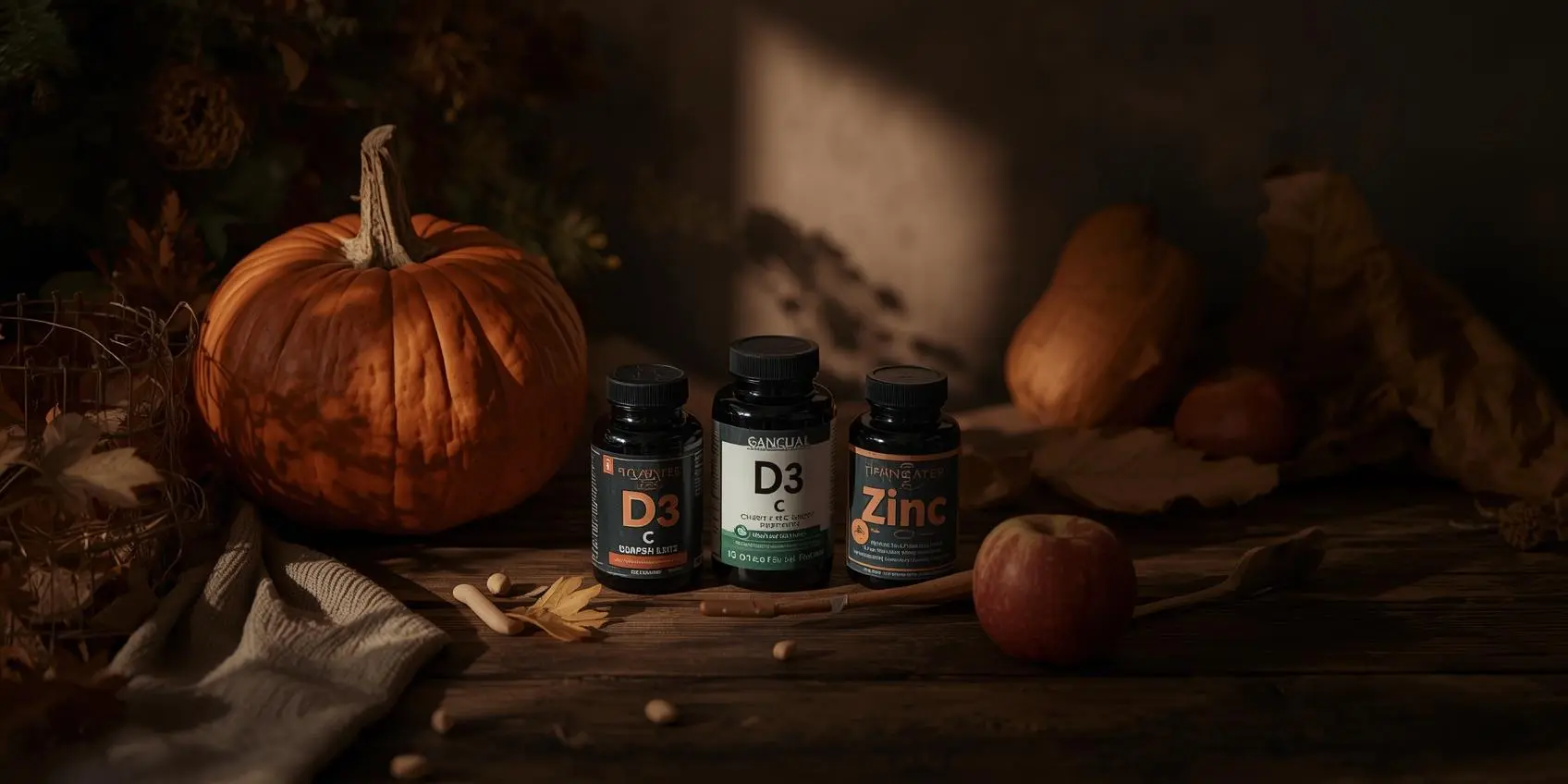 Suplementy na jesienną odporność - Kompozycja buteleczek D3, C i cynku na drewnianym stole z dynią i jabłkami. Styl lifestyle, ciepłe oświetlenie.
