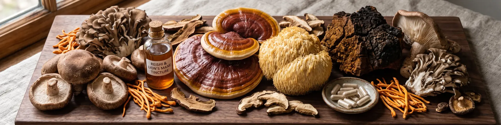 Grzyby witalne — reishi, soplówka jeżowata i błyskoporek podkorowy na naturalnym podłożu, obok proszek i kapsułki
