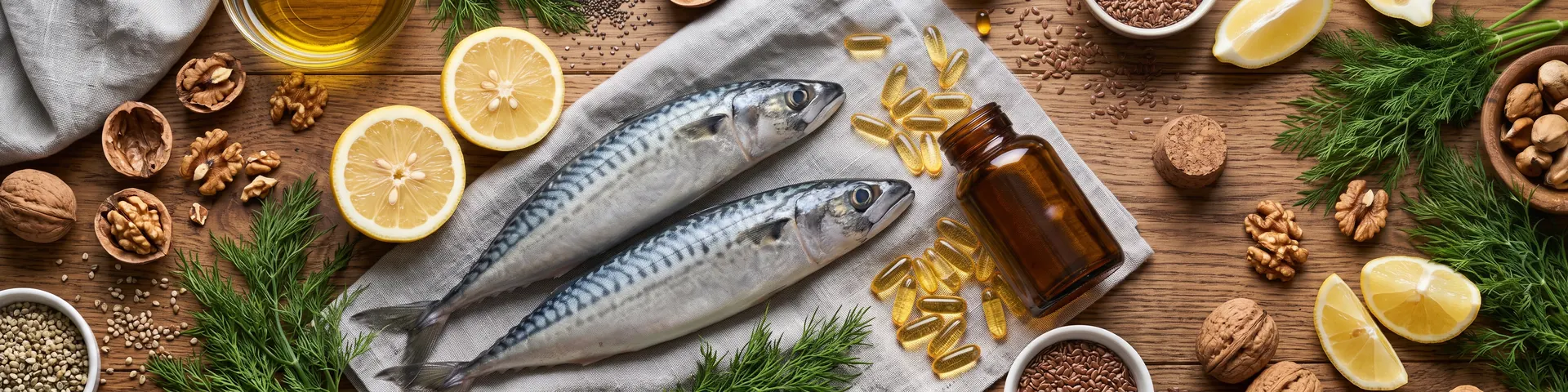 Butelka oleju omega-3 i kapsułki obok świeżej ryby, cytryny i zielonych liści na jasnym stole