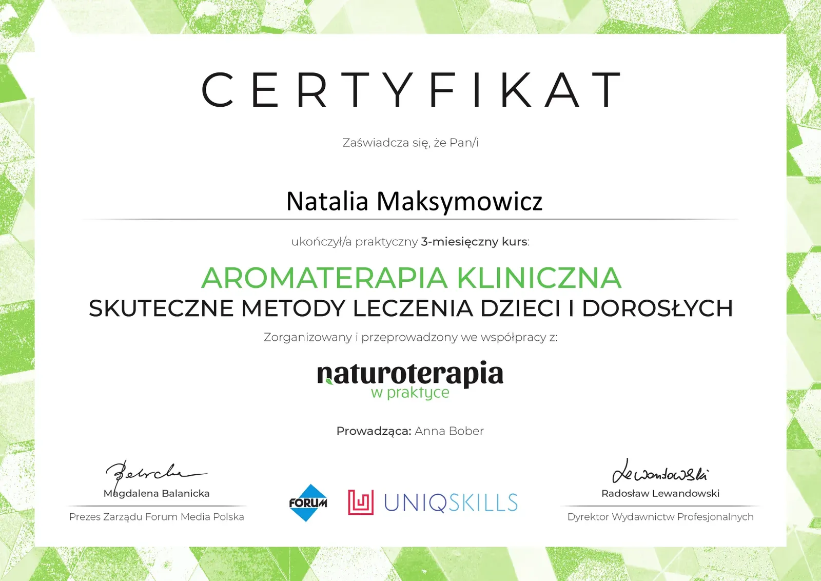 Certyfikat kursu Aromaterapia kliniczna — skuteczne metody leczenia dzieci i dorosłych (FORUM/UNIQSKILLS, 01.2022) — Natalia Maksimowicz