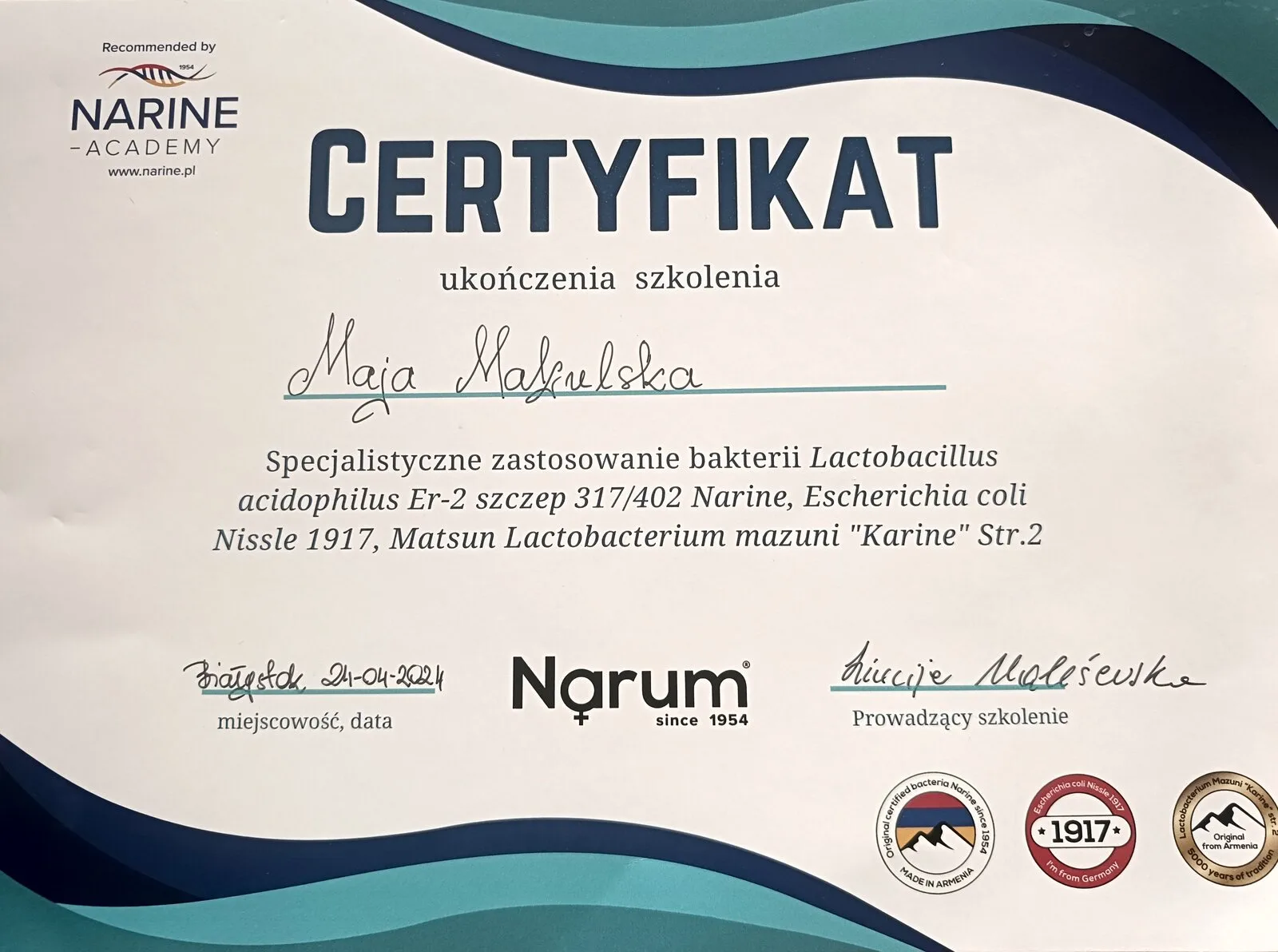 Certyfikat szkolenia o specjalistycznym zastosowaniu probiotyków — szczepy Lactobacillus acidophilus Er-2 317/402, Escherichia coli Nissle 1917, Matsun (Narine Academy, 04.2024) — Maja Makulska