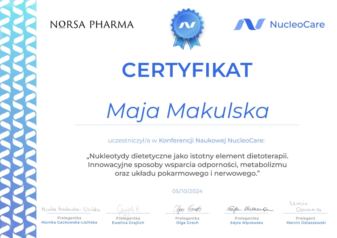 Certyfikat uczestnictwa — II Konferencja Naukowa NucleoCare: nukleotydy dietetyczne w dietoterapii (NORSA PHARMA, 10.2024) — Maja Makulska