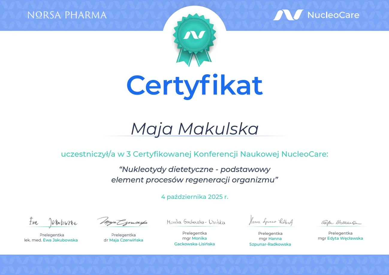 Certyfikat uczestnictwa — 3. Konferencja Naukowa NucleoCare: nukleotydy dietetyczne — element regeneracji organizmu (NORSA PHARMA, 10.2025) — Maja Makulska