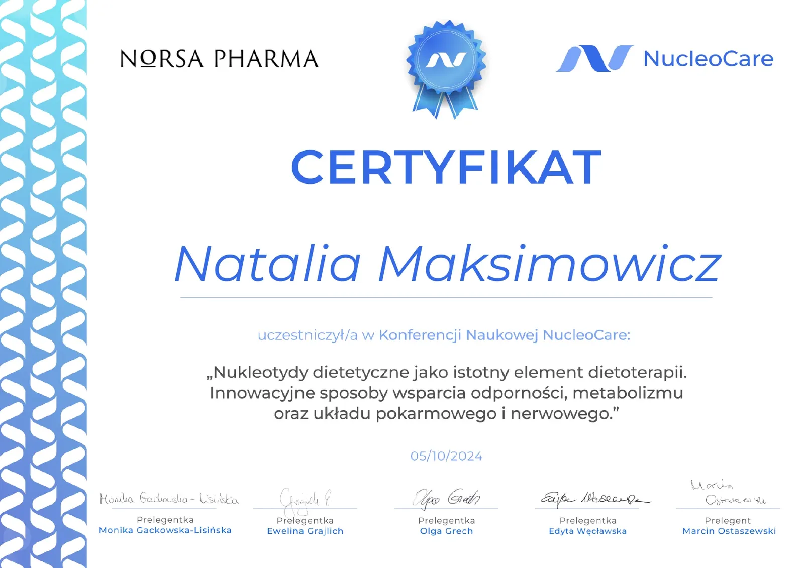 Certyfikat uczestnictwa — II Konferencja Naukowa NucleoCare: nukleotydy dietetyczne w dietoterapii (NORSA PHARMA, 10.2024) — Natalia Maksimowicz